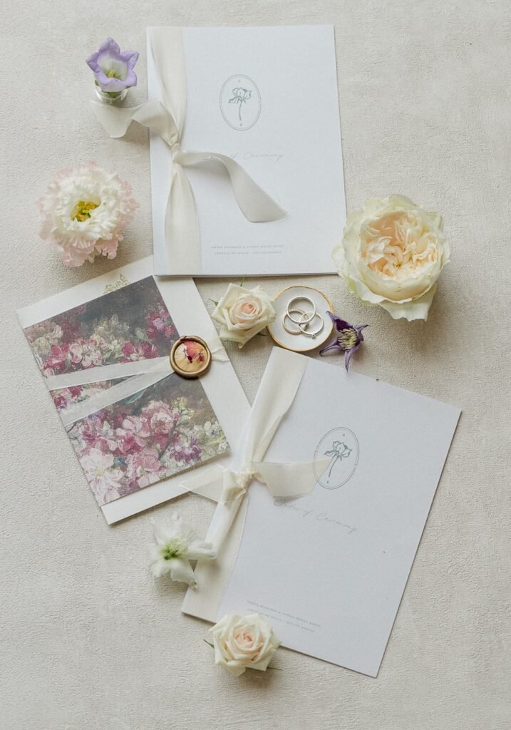 Flatlay délicat de faire-parts de mariage blancs avec ruban de soie, alliances, fleurs fraîches et sceau de cire, style romantique et raffiné