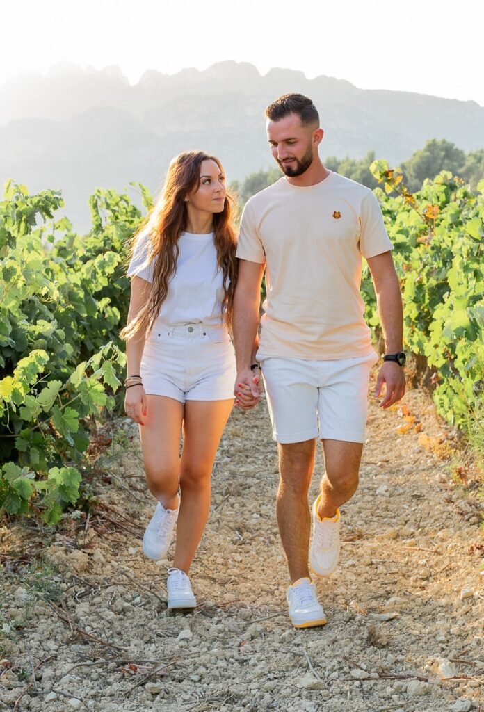 Jeune couple marchant main dans la main dans les vignes provençales, tous deux vêtus de blanc, baignés par la lumière dorée du soleil couchant, avec les montagnes brumeuses en arrière-plan